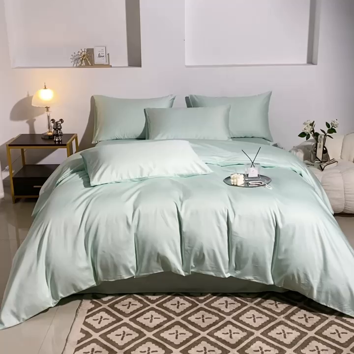 91家纺网 家纺一手货源 找家纺 晶缦家纺 2024新款全棉60支贡缎长绒棉纯色多规格四件套和单品-琅夕系列 单床单 琅夕-天青绿