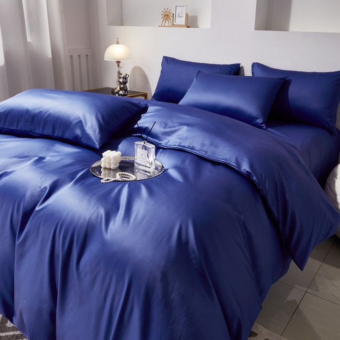 91家纺网 家纺一手货源 找家纺 晶缦家纺 2024新款全棉60支贡缎长绒棉纯色多规格四件套和单品-琅夕系列 四件套 琅夕-克莱因蓝