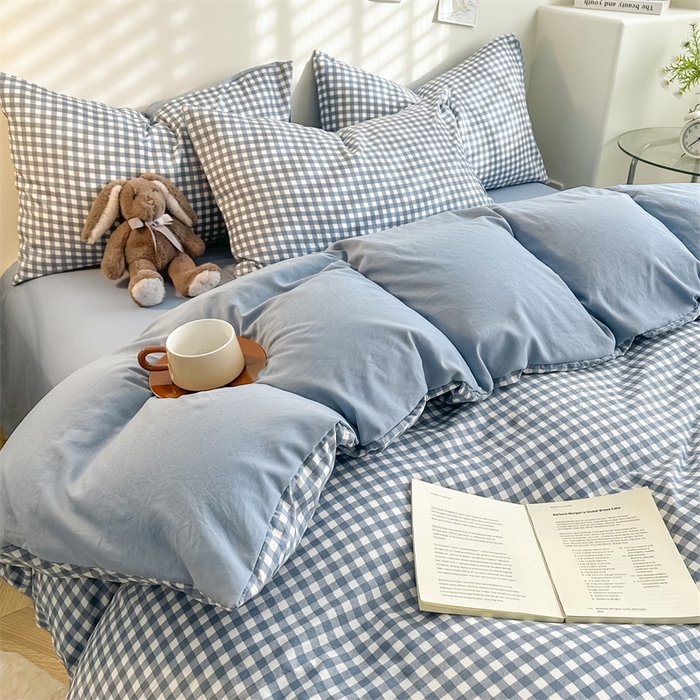 91家纺网 家纺一手货源 找家纺 古吉梦 2024新款水洗棉小清新印花格子系列四件套 G-小格-蓝+海青