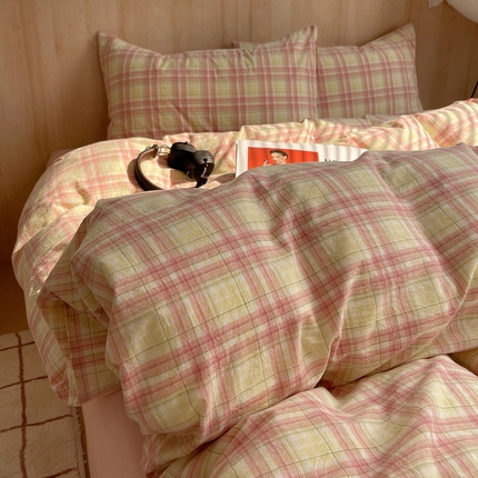 艾咪 2024新款博主风全棉色织水洗棉四件套 多芙芭蕾粉