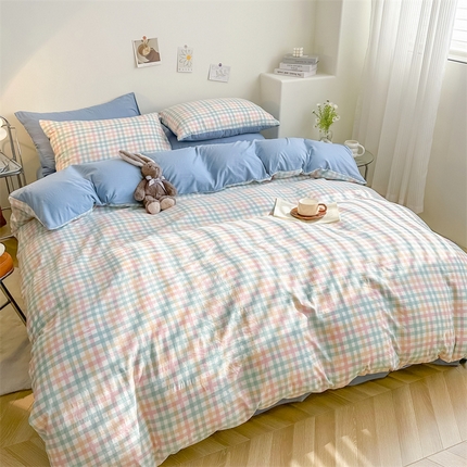 91家纺网 家纺一手货源 找家纺 （总）古吉梦 2024新款水洗棉小清新印花格子系列四件套