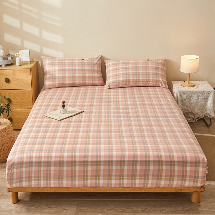 91家纺网 家纺一手货源 找家纺 喜居 2024新款A类色织纯棉水洗棉100%新疆棉全棉床笠 密粉格