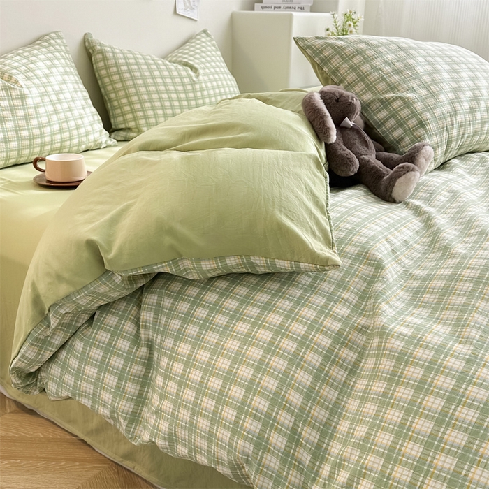 91家纺网 家纺一手货源 找家纺 古吉梦 2024新款水洗棉小清新印花格子系列四件套 G-清雅绿+果绿