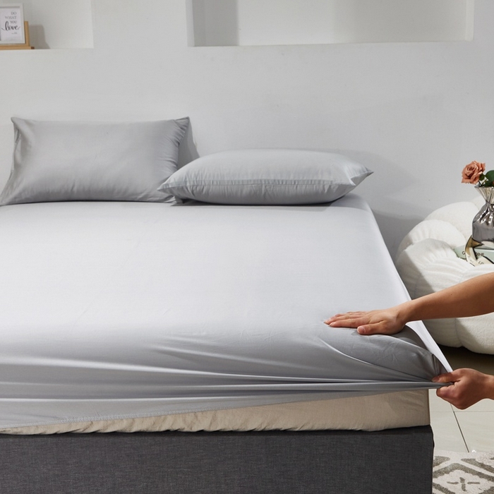 91家纺网 家纺一手货源 找家纺 晶缦家纺 2024新款全棉60支贡缎长绒棉纯色多规格四件套和单品-琅夕系列 单床笠 琅夕-奥丁灰