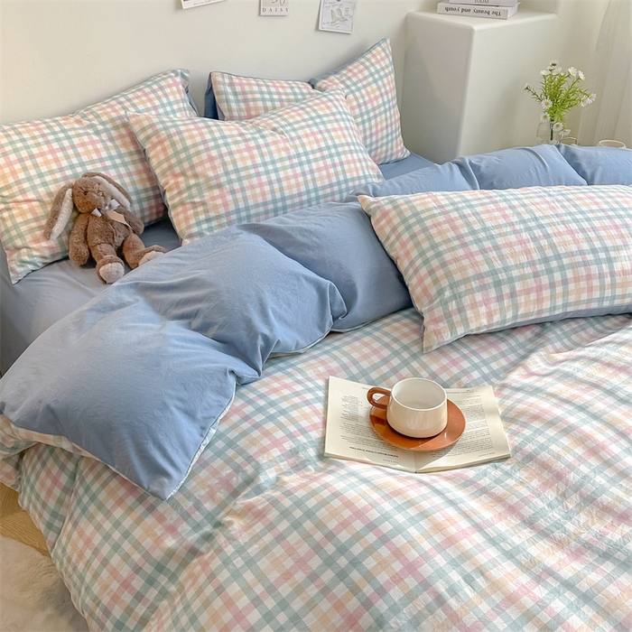 91家纺网 家纺一手货源 找家纺 古吉梦 2024新款水洗棉小清新印花格子系列四件套 G-七彩格+海青