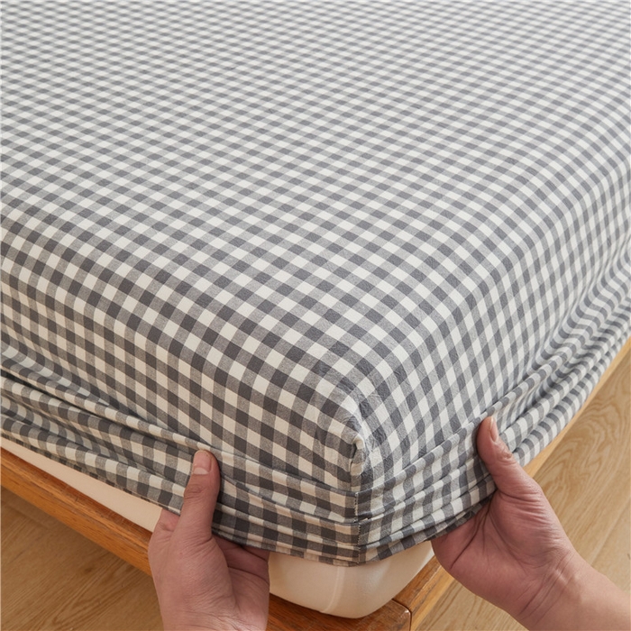 91家纺网 家纺一手货源 找家纺 喜居 2024新款A类色织纯棉水洗棉100%新疆棉全棉床笠 灰小格