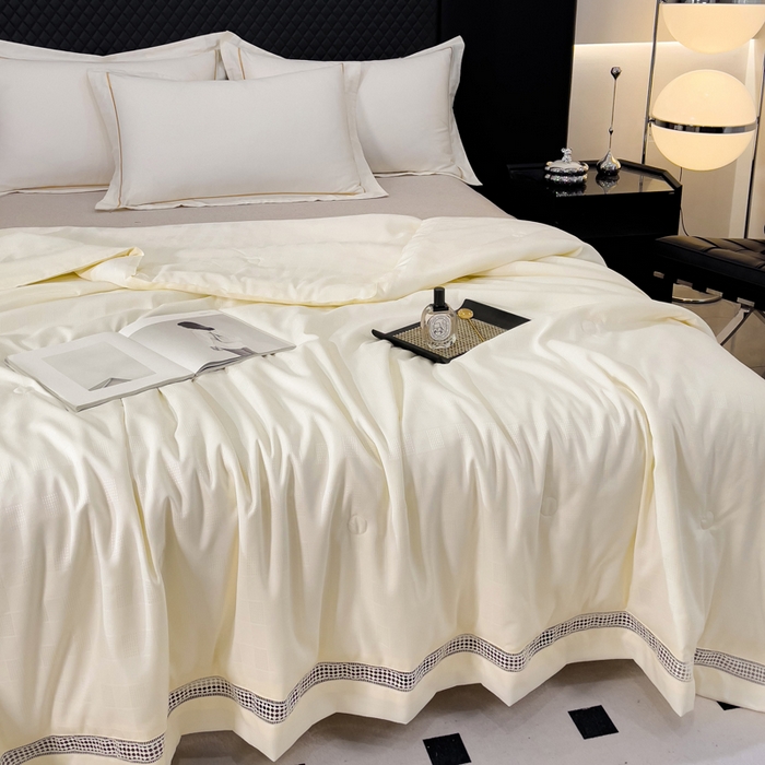 91家纺网 家纺一手货源 找家纺 优姿家纺  2024新品凉感生态提花大豆镂空抑菌夏被 格调优美-杏仁黄