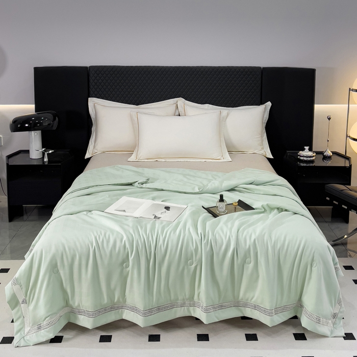 91家纺网 家纺一手货源 找家纺 优姿家纺  2024新品凉感生态提花大豆镂空抑菌夏被 格调优美-清水绿