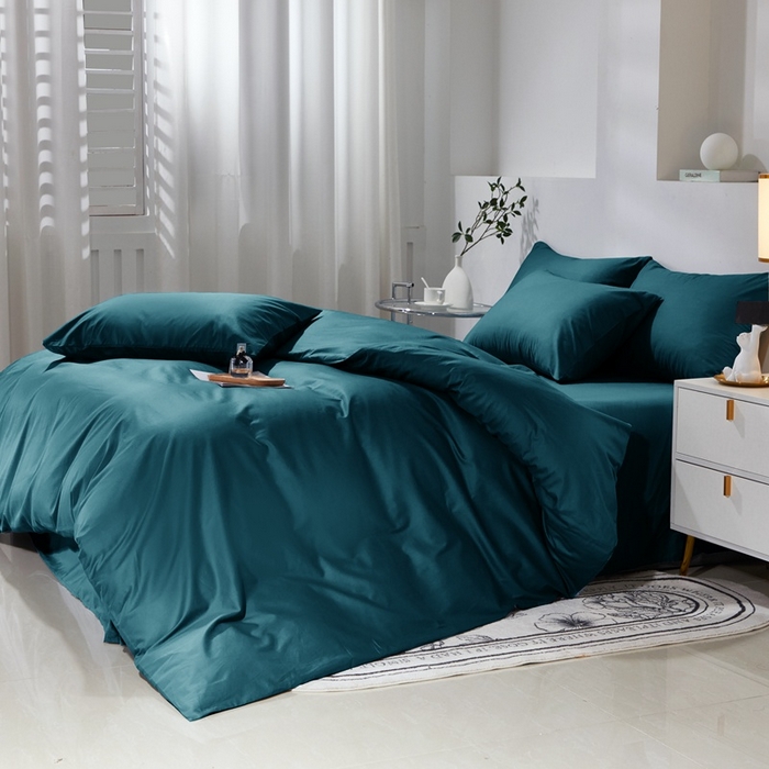 91家纺网 家纺一手货源 找家纺 晶缦家纺 2024新款喷气全棉13376纯棉斜纹纯色多规格四件套和单品-沐色系列 四件套 沐色-孔雀绿