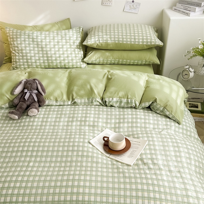 91家纺网 家纺一手货源 找家纺 古吉梦 2024新款水洗棉小清新印花格子系列四件套 G-清雅绿+果绿