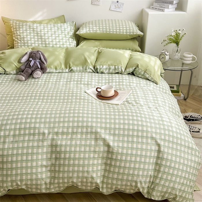 91家纺网 家纺一手货源 找家纺 古吉梦 2024新款水洗棉小清新印花格子系列四件套 G-清雅绿+果绿