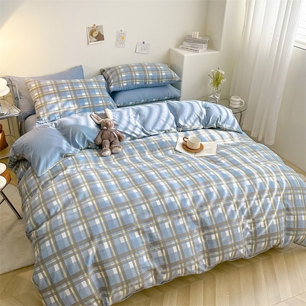 91家纺网 家纺一手货源 找家纺 （总）古吉梦 2024新款水洗棉小清新印花格子系列四件套