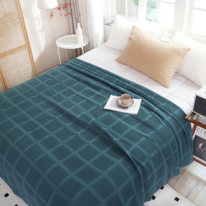 91家纺网 家纺一手货源 找家纺 朴尔家纺 2024新款全棉质朴方格风立体华夫格透气纱布毛巾被 方格华夫格-墨绿