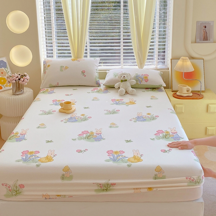 91家纺网 家纺一手货源 找家纺 洺兰家居 2025新款全棉喷气印花单床笠纯棉小清新花卉北欧风床套/枕套 蘑菇兔