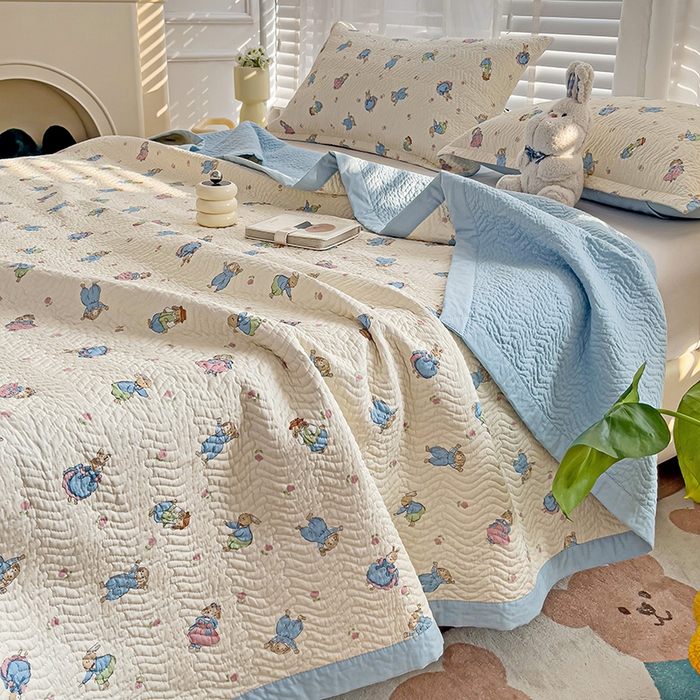 91家纺网 家纺一手货源 找家纺 胜权家纺 2024新款A类60支双面全棉高温水洗夹棉床盖三件套 快乐兔