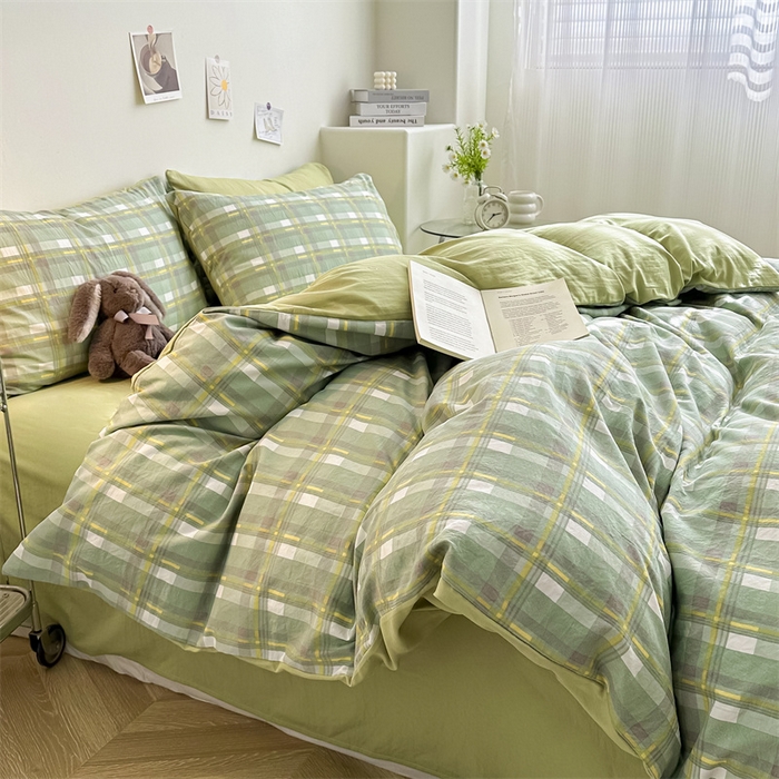 91家纺网 家纺一手货源 找家纺 古吉梦 2024新款水洗棉小清新印花格子系列四件套 G简兮-绿+果绿