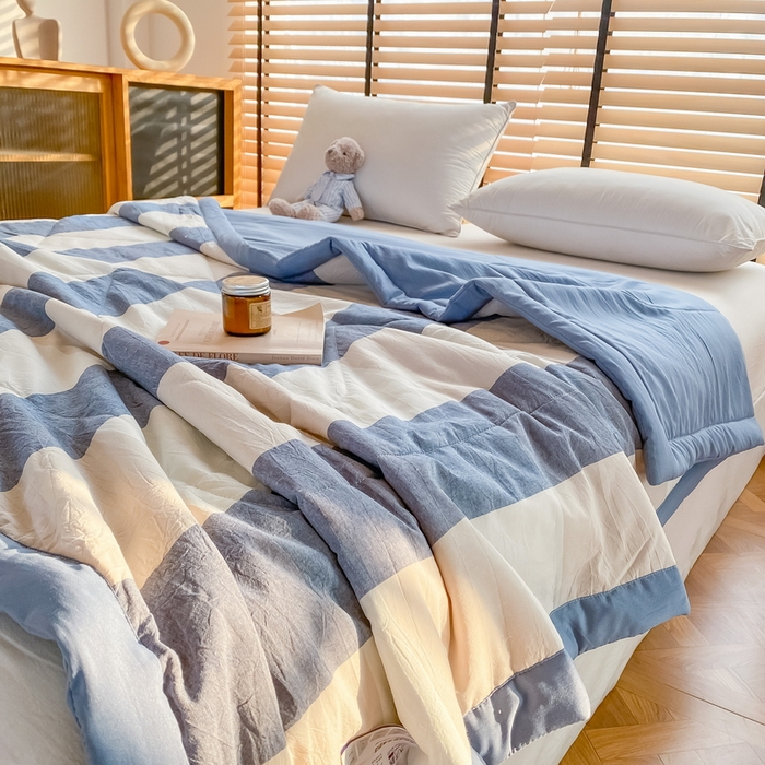 91家纺网 家纺一手货源 找家纺 梦恬佳2024新款无印风水洗棉夏被-蓝大格