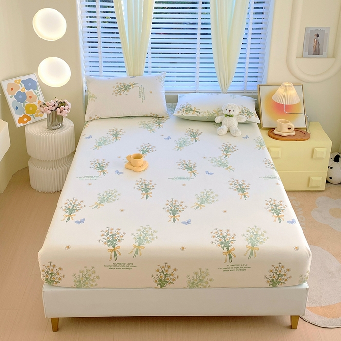 91家纺网 家纺一手货源 找家纺 洺兰家居 2025新款全棉喷气印花单床笠纯棉小清新花卉北欧风床套/枕套 香草