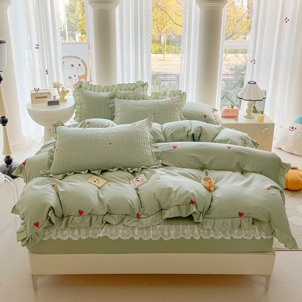宜凡家纺 2024新款全棉夹棉绣花花边系列床笠四件套 爱恋 果绿