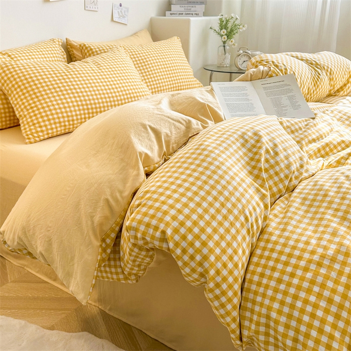 91家纺网 家纺一手货源 找家纺 古吉梦 2024新款水洗棉小清新印花格子系列四件套 G-柠檬小格+初黄