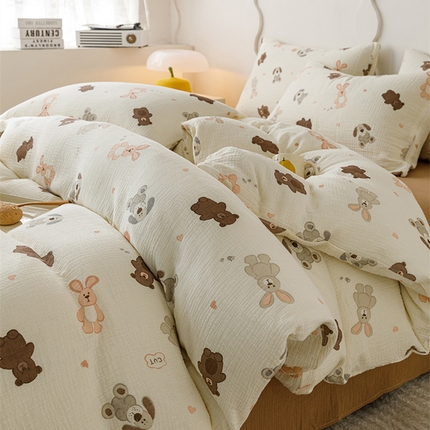 91家纺网 家纺一手货源 找家纺 （总）蜜柚 2024新款全棉双层皱皱纱四件套