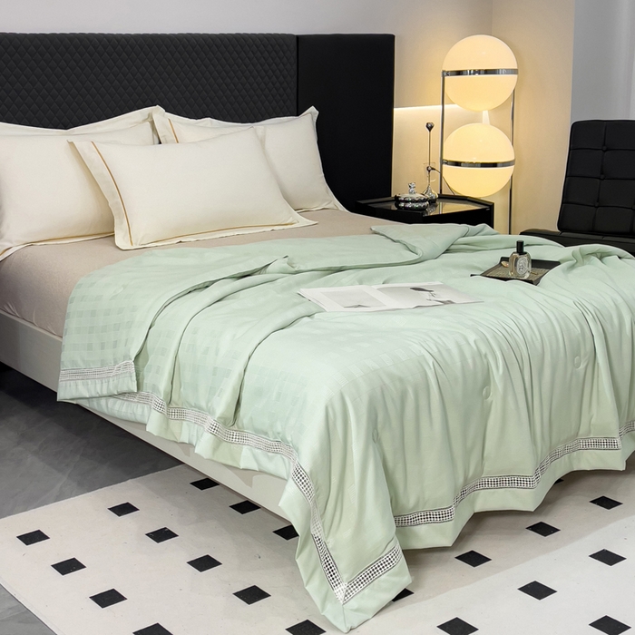 91家纺网 家纺一手货源 找家纺 优姿家纺  2024新品凉感生态提花大豆镂空抑菌夏被 格调优美-清水绿