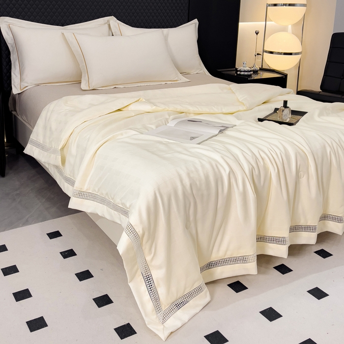 91家纺网 家纺一手货源 找家纺 优姿家纺  2024新品凉感生态提花大豆镂空抑菌夏被 格调优美-杏仁黄