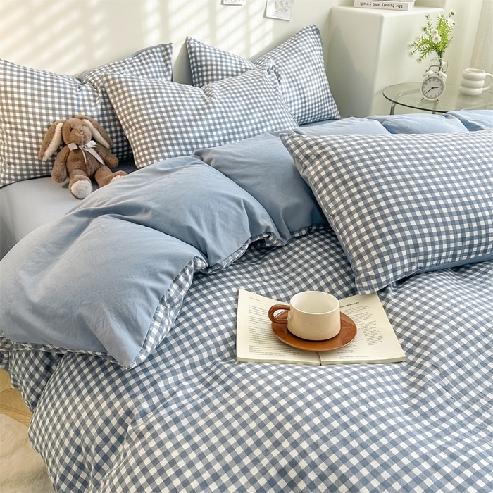 91家纺网 家纺一手货源 找家纺 古吉梦 2024新款水洗棉小清新印花格子系列四件套 G-小格-蓝+海青