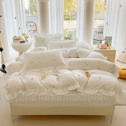 宜凡家纺 2024新款全棉夹棉绣花花边系列床笠四件套 玫瑰佳人 白
