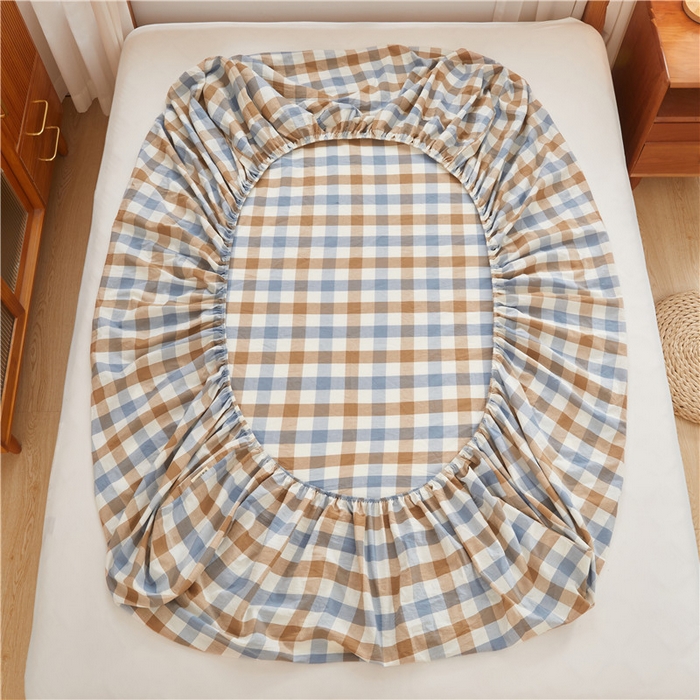 91家纺网 家纺一手货源 找家纺 喜居 2024新款A类色织纯棉水洗棉100%新疆棉全棉床笠 蓝芋格