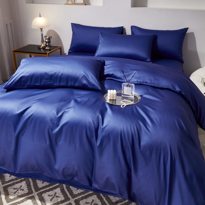 91家纺网 家纺一手货源 找家纺 晶缦家纺 2024新款全棉60支贡缎长绒棉纯色多规格四件套和单品-琅夕系列 四件套 琅夕-克莱因蓝