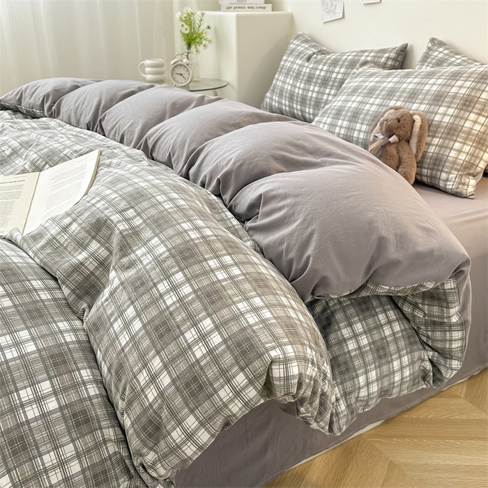 91家纺网 家纺一手货源 找家纺 古吉梦 2024新款水洗棉小清新印花格子系列四件套 G-可可灰+中灰