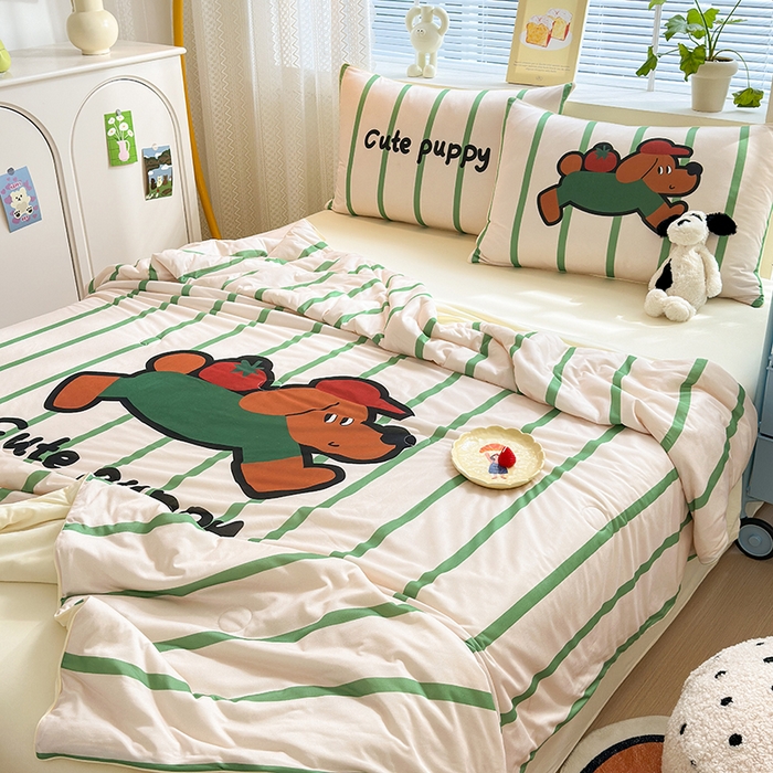 91家纺网 家纺一手货源 找家纺 星期八 2024新款针织棉夏被四件套 番茄狗