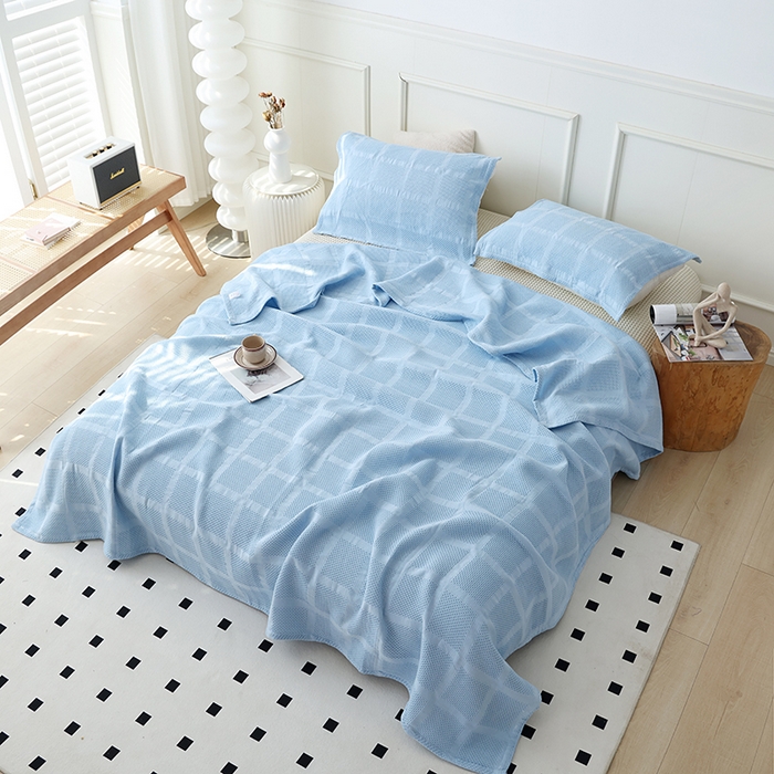 91家纺网 家纺一手货源 找家纺 朴尔家纺 2024新款全棉质朴方格风立体华夫格透气纱布毛巾被 方格华夫格-浅蓝