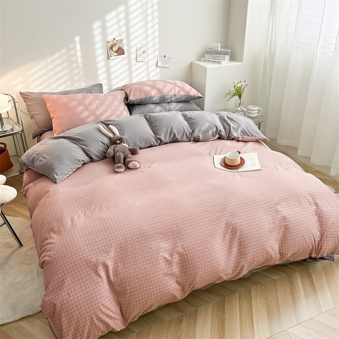 91家纺网 家纺一手货源 找家纺 （总）古吉梦 2024新款水洗棉小清新印花格子系列四件套