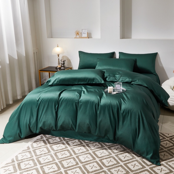 91家纺网 家纺一手货源 找家纺 晶缦家纺 2024新款全棉60支贡缎长绒棉纯色多规格四件套和单品-琅夕系列 单被套 琅夕-墨绿色