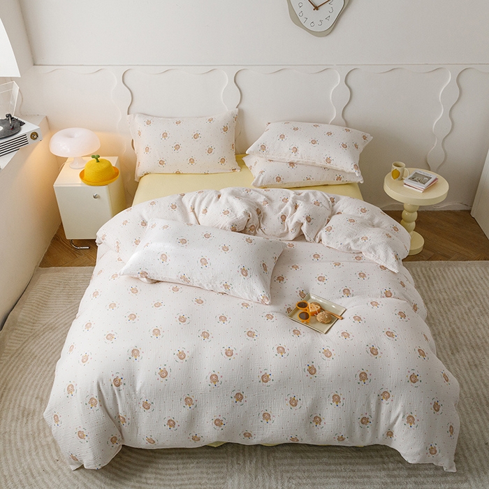 91家纺网 家纺一手货源 找家纺 （总）蜜柚 2024新款全棉双层皱皱纱四件套