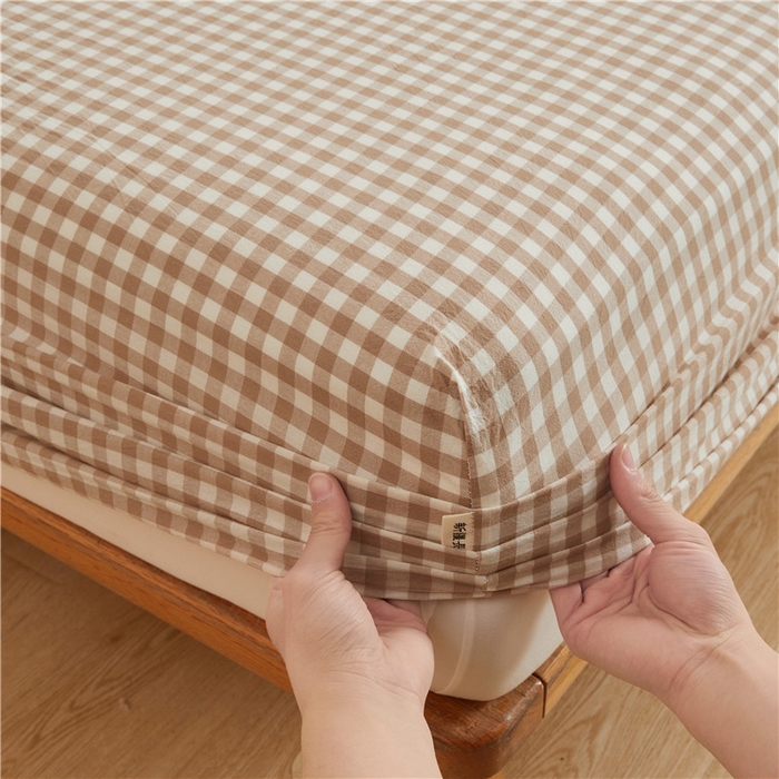 91家纺网 家纺一手货源 找家纺 喜居 2024新款A类色织纯棉水洗棉100%新疆棉全棉床笠 咖小格