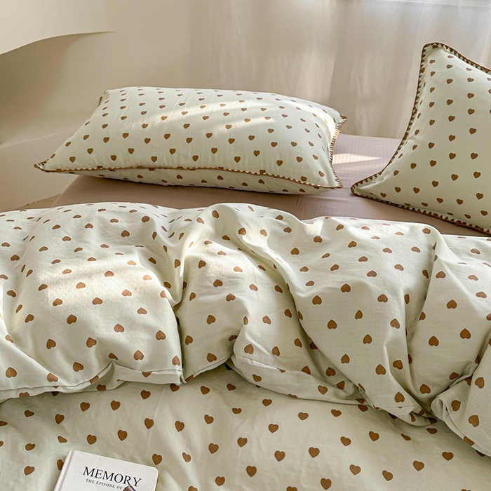 91家纺网 家纺一手货源 找家纺 洋铭区（原狠狠爱） 2024新款全棉双层纱四件套 咖咖爱心