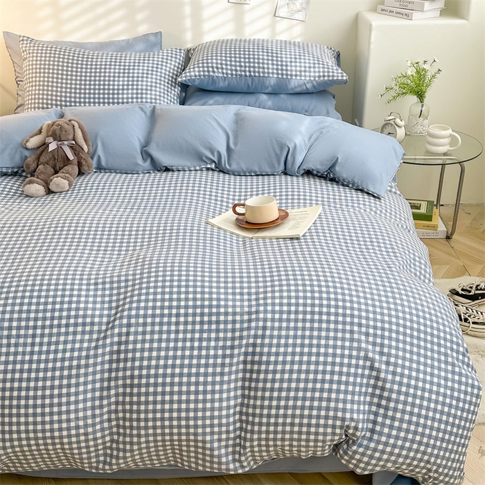 91家纺网 家纺一手货源 找家纺 古吉梦 2024新款水洗棉小清新印花格子系列四件套 G-小格-蓝+海青