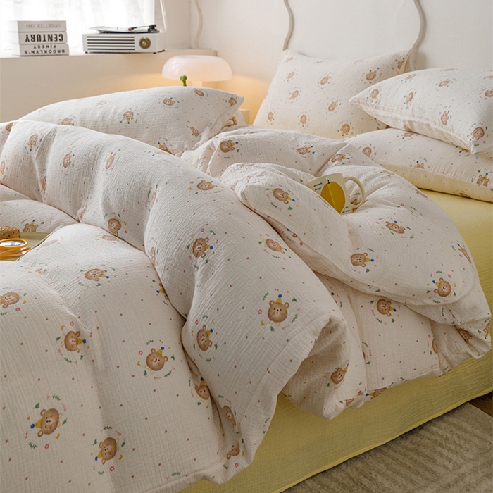 91家纺网 家纺一手货源 找家纺 （总）蜜柚 2024新款全棉双层皱皱纱四件套