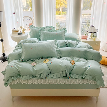 宜凡家纺 2024新款全棉夹棉绣花花边系列床笠四件套 花语 水绿