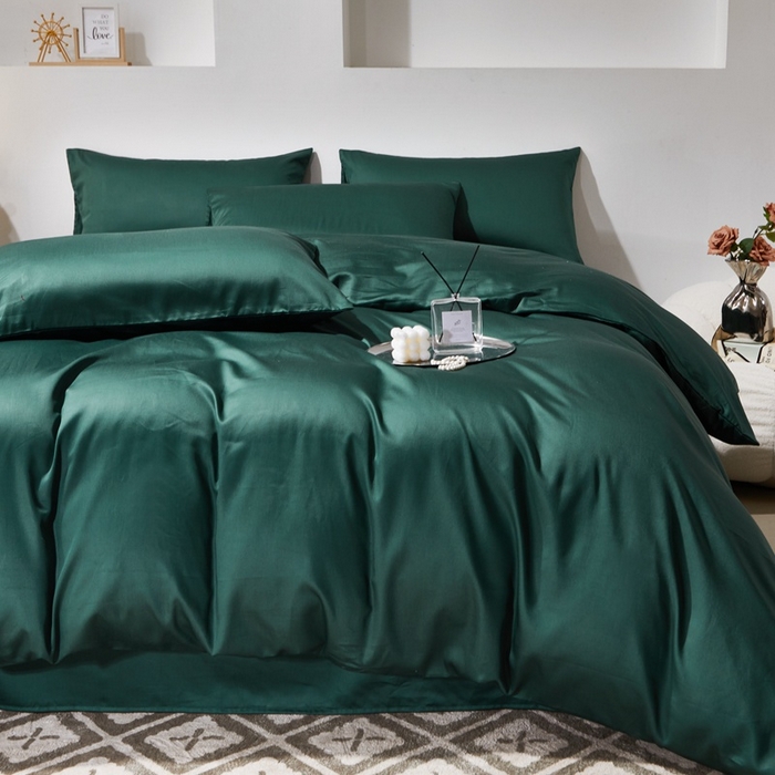91家纺网 家纺一手货源 找家纺 晶缦家纺 2024新款全棉60支贡缎长绒棉纯色多规格四件套和单品-琅夕系列 四件套 琅夕-墨绿色