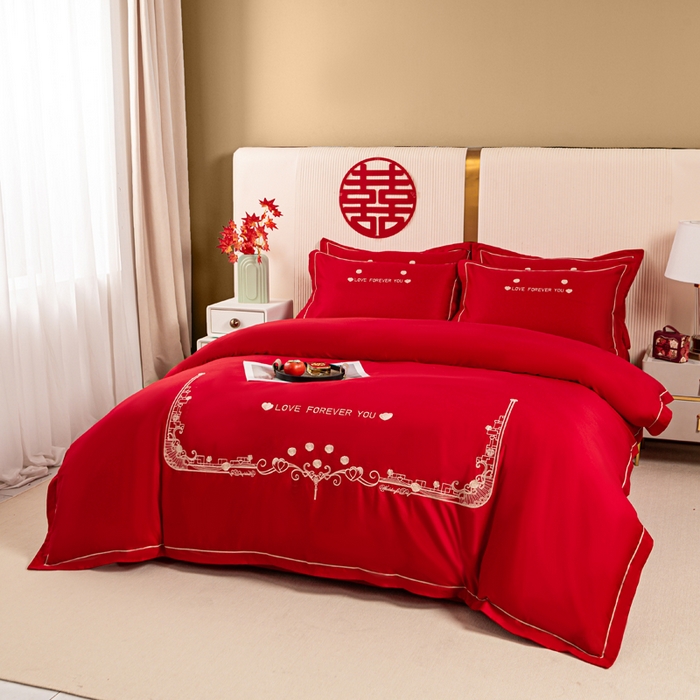 91家纺网 家纺一手货源 找家纺 银石 2024新款60新疆长绒棉大红婚庆绣花四件套 永结同心