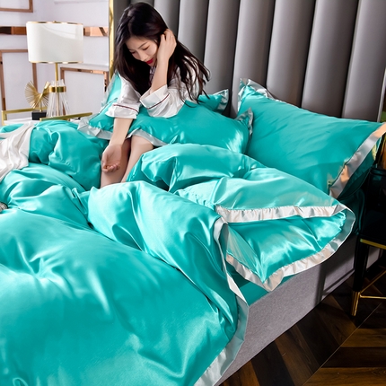 91家纺网 家纺一手货源 找家纺 经年 2025新款奢华真丝手感冰丝单品套件-初见系列 四件套 初见-深水蓝