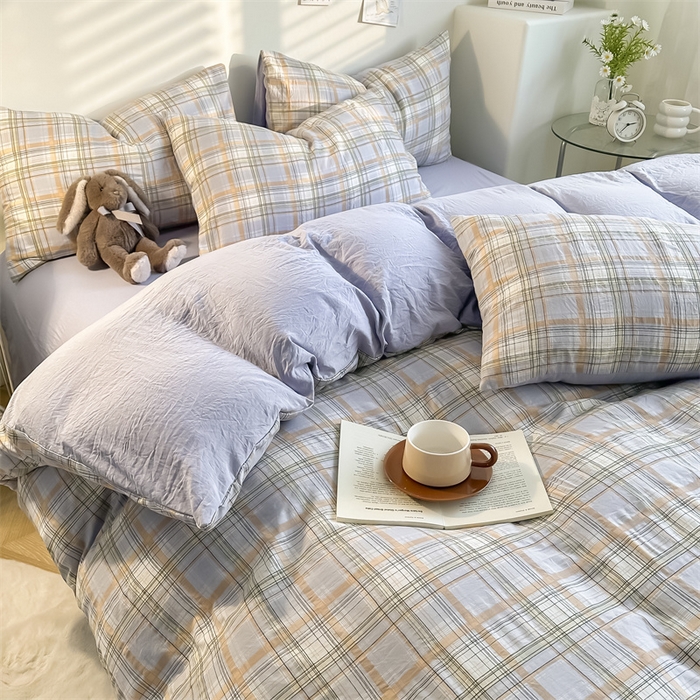 91家纺网 家纺一手货源 找家纺 古吉梦 2024新款水洗棉小清新印花格子系列四件套 G可可紫+浅紫