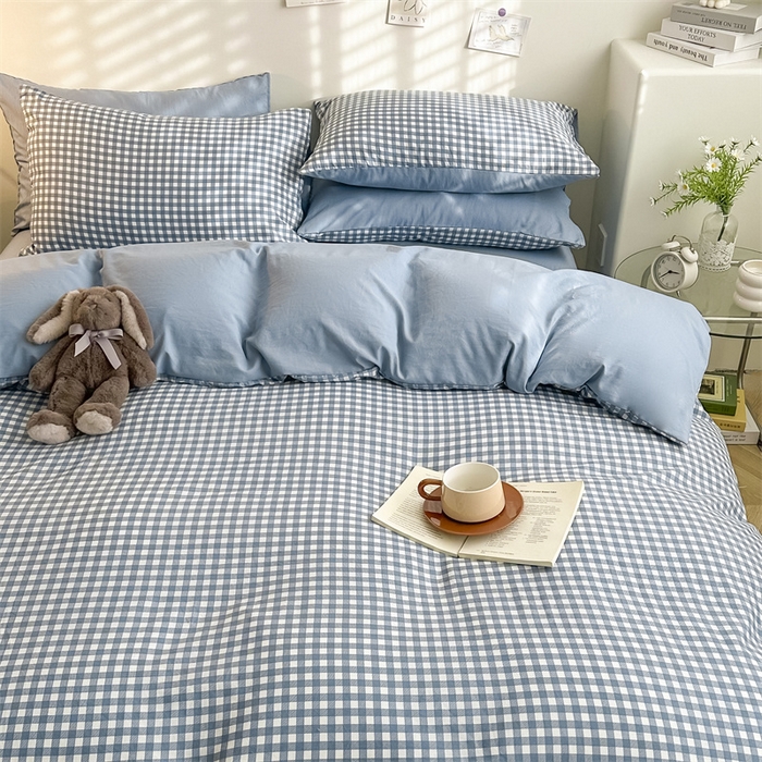 91家纺网 家纺一手货源 找家纺 古吉梦 2024新款水洗棉小清新印花格子系列四件套 G-小格-蓝+海青