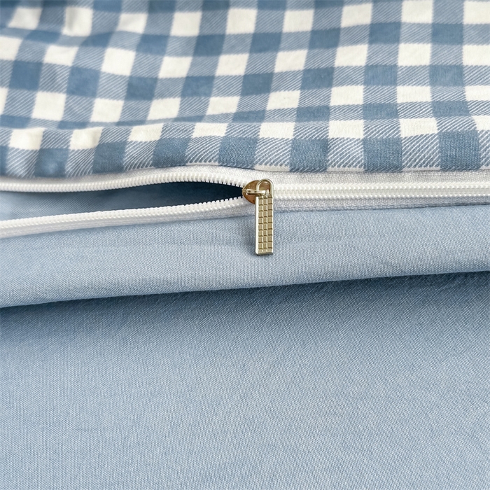 91家纺网 家纺一手货源 找家纺 古吉梦 2024新款水洗棉小清新印花格子系列四件套 G-小格-蓝+海青