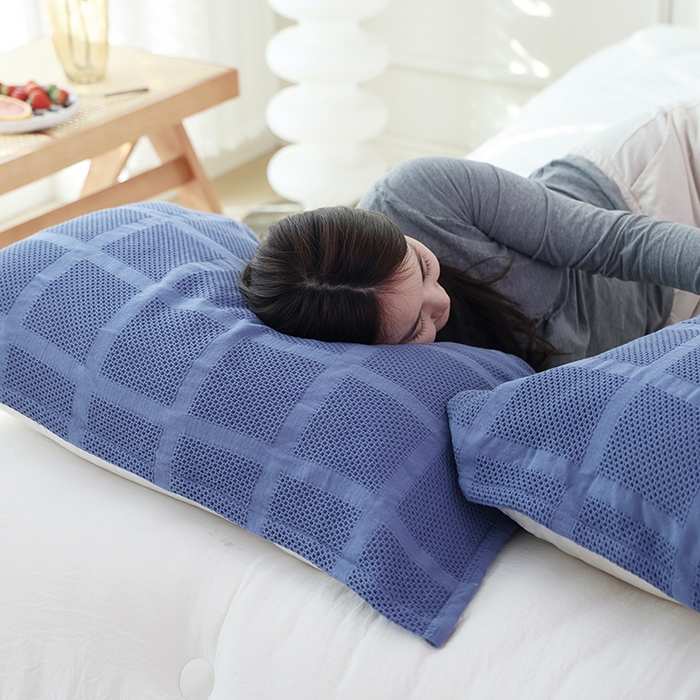 91家纺网 家纺一手货源 找家纺 朴尔家纺 2024新款全棉质朴方格风立体华夫格透气纱布枕巾/对 方格华夫格-深蓝枕巾