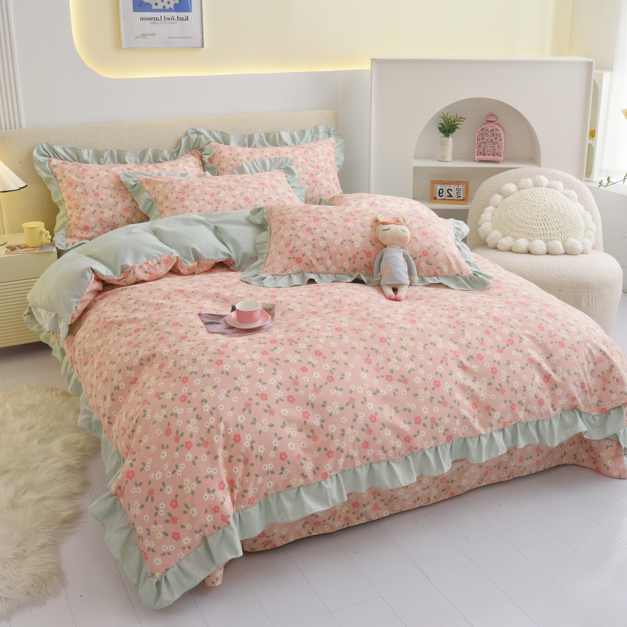 91家纺网 家纺一手货源 找家纺 宅家居 2024新韩版亲肤磨毛花边小号三件套 四件套床单大荷叶边 小清新-娅粉